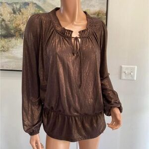 Jones New York Shimmer Brown Blouse long sleeve V neck tie ruffle bottom small